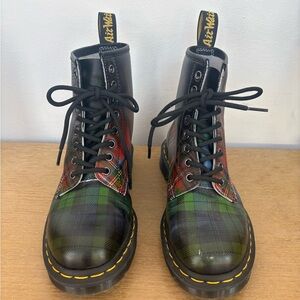 Dr. Martens Plaid Leather Lace-Up Boots in Green, Red & Black